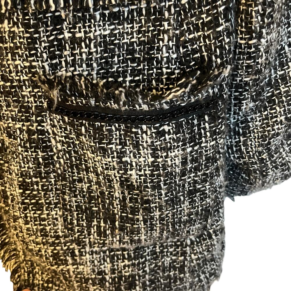 Sandro Tweed Long Jacket Black Boucle Blazer Fringe Collarless Classic Size L - Picture 7 of 12